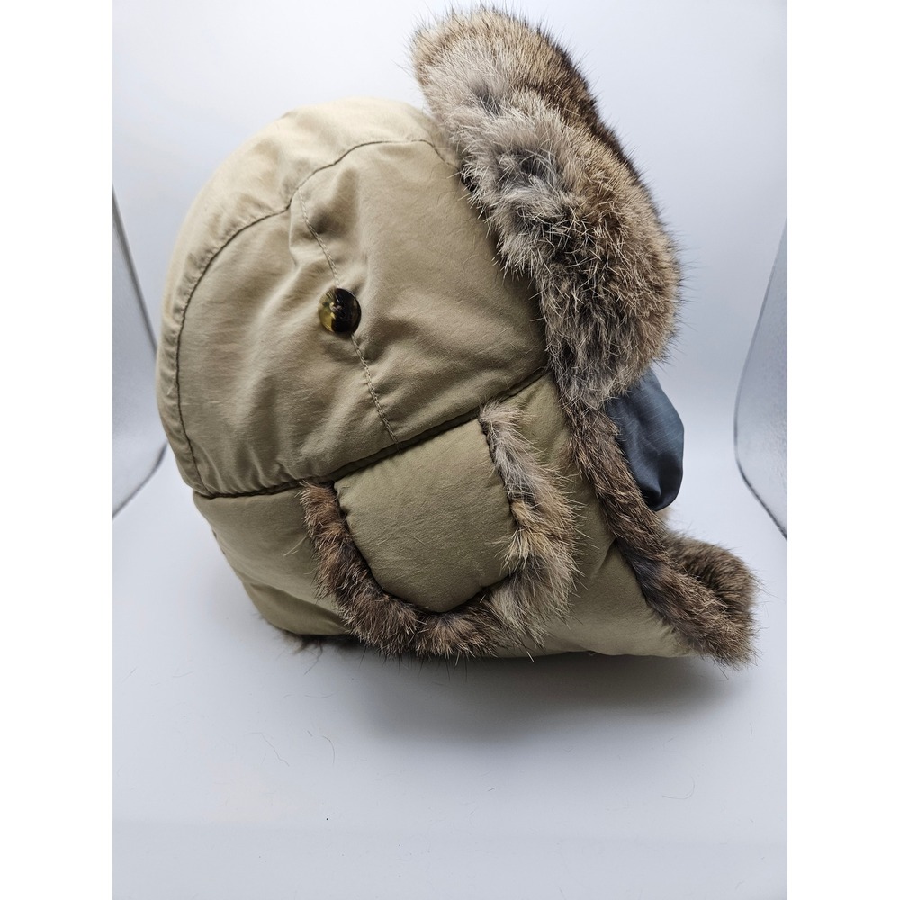 Mad Bomber Tan Nylon Trapper Hat Natural Rabbit Fur Trim Ear Flaps XL